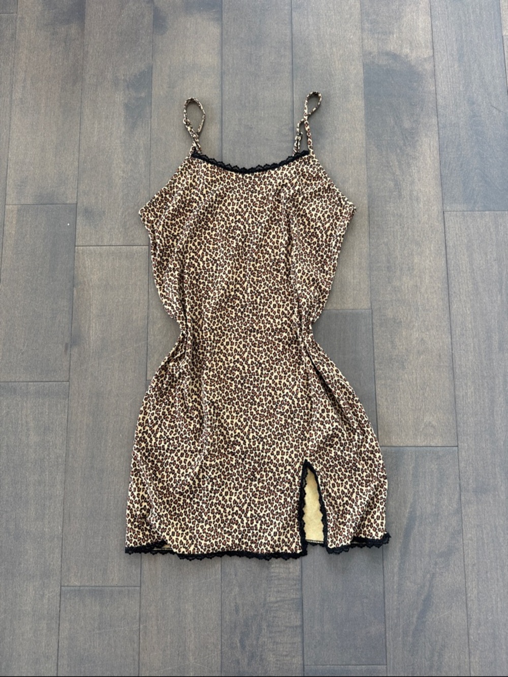 Leopard Print Mini Slip Dress with Lace Trim - Brown